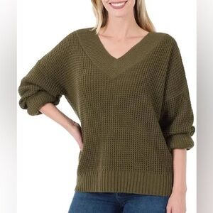 Zenana Double V-neck Chunky Waffle Knit Sweater 1X